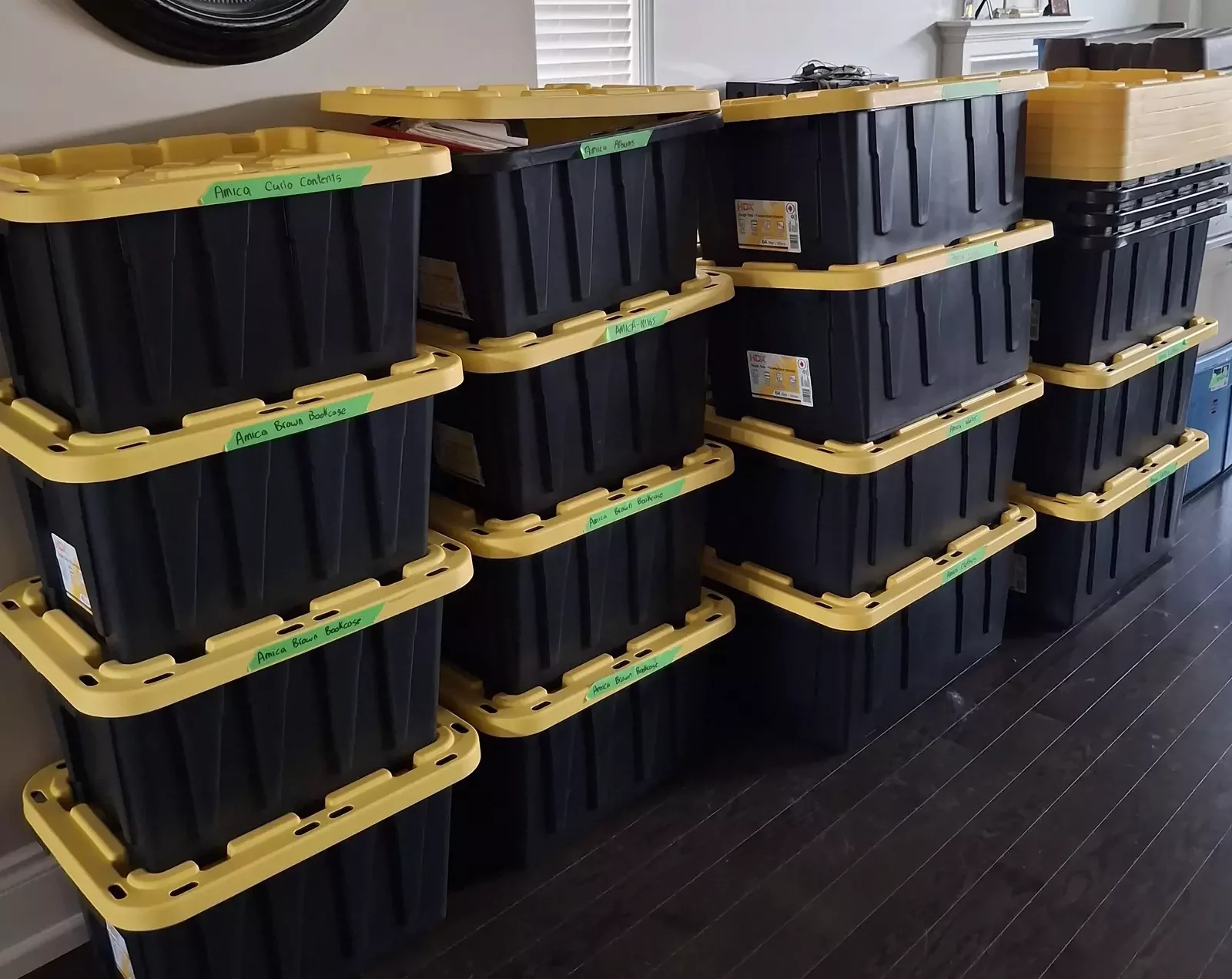 Black and yellow stacked totes